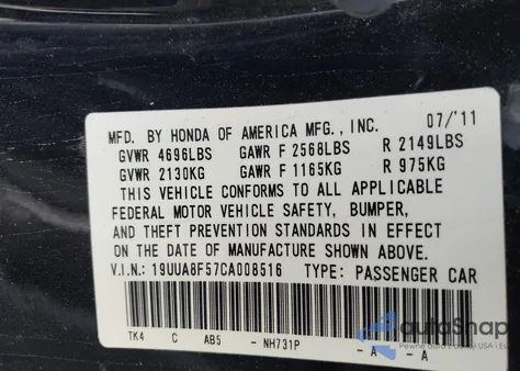 2012 Acura Tl 3.5 из США, поврежденный, VIN 19UUA8F57CA008516